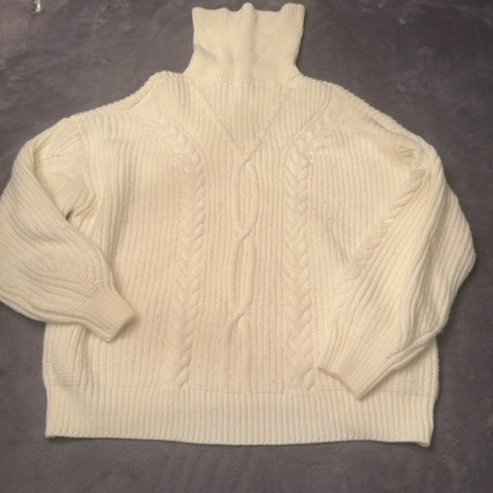 Zesica Turtleneck Sweater Cream White XL Oversized Cable Knit Balloon Sleeve